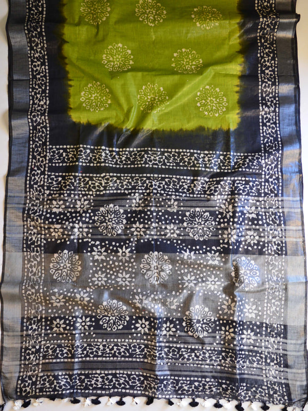 Bhagalpur Handloom Pure Linen Cotton Hand-Dyed Batik Pattern Saree-Green & Black