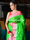 Banarasee Handwoven Semi-Chiffon Saree With Floral Zari Design-Green & Red