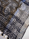 Bhagalpur Handloom Pure Linen Cotton Hand-Dyed Batik Pattern Saree-Green & Black
