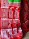Banarasee Handwoven Semi-Chiffon Saree With Floral Zari Design-Green & Red