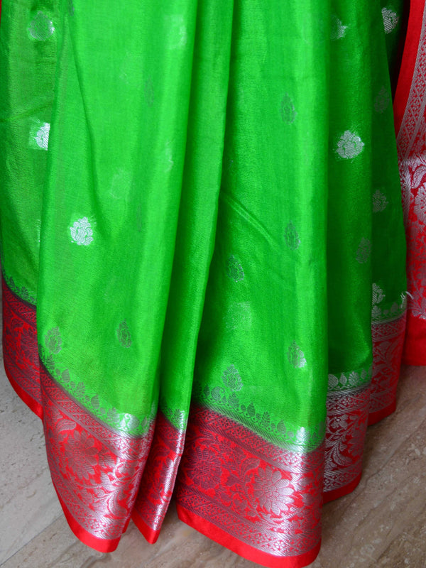 Banarasee Handwoven Semi-Chiffon Saree With Floral Zari Design-Green & Red