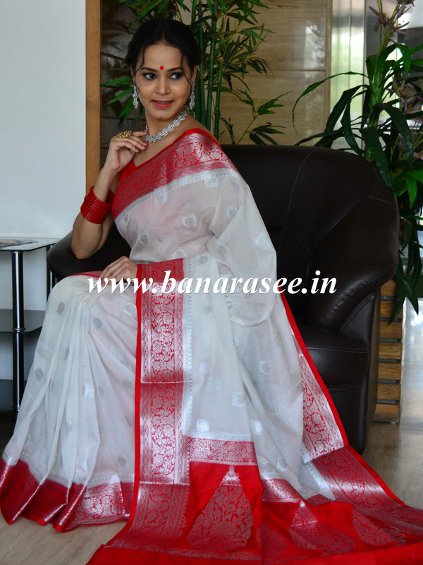 Banarasee Handwoven Semi-Chiffon Saree With Floral Zari Design-White & Red