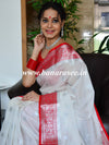 Banarasee Handwoven Semi-Chiffon Saree With Floral Zari Design-White & Red