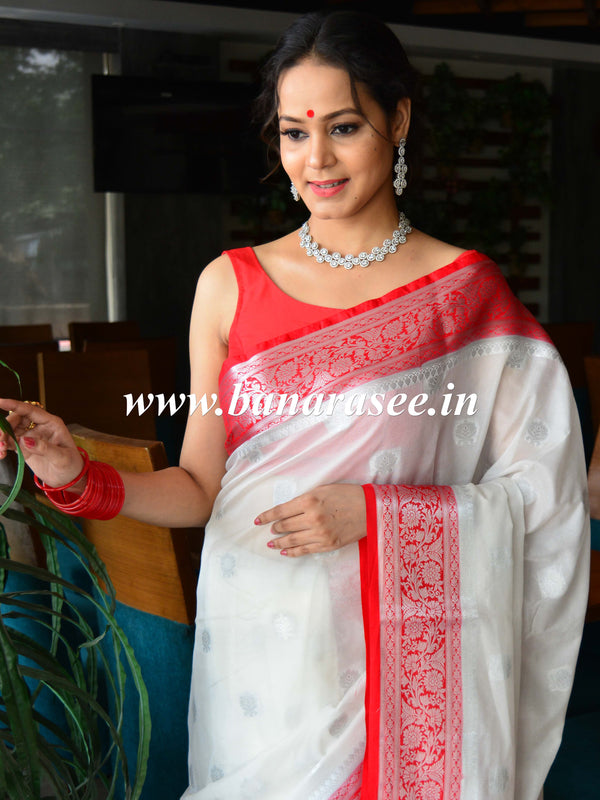 Banarasee Handwoven Semi-Chiffon Saree With Floral Zari Design-White & Red
