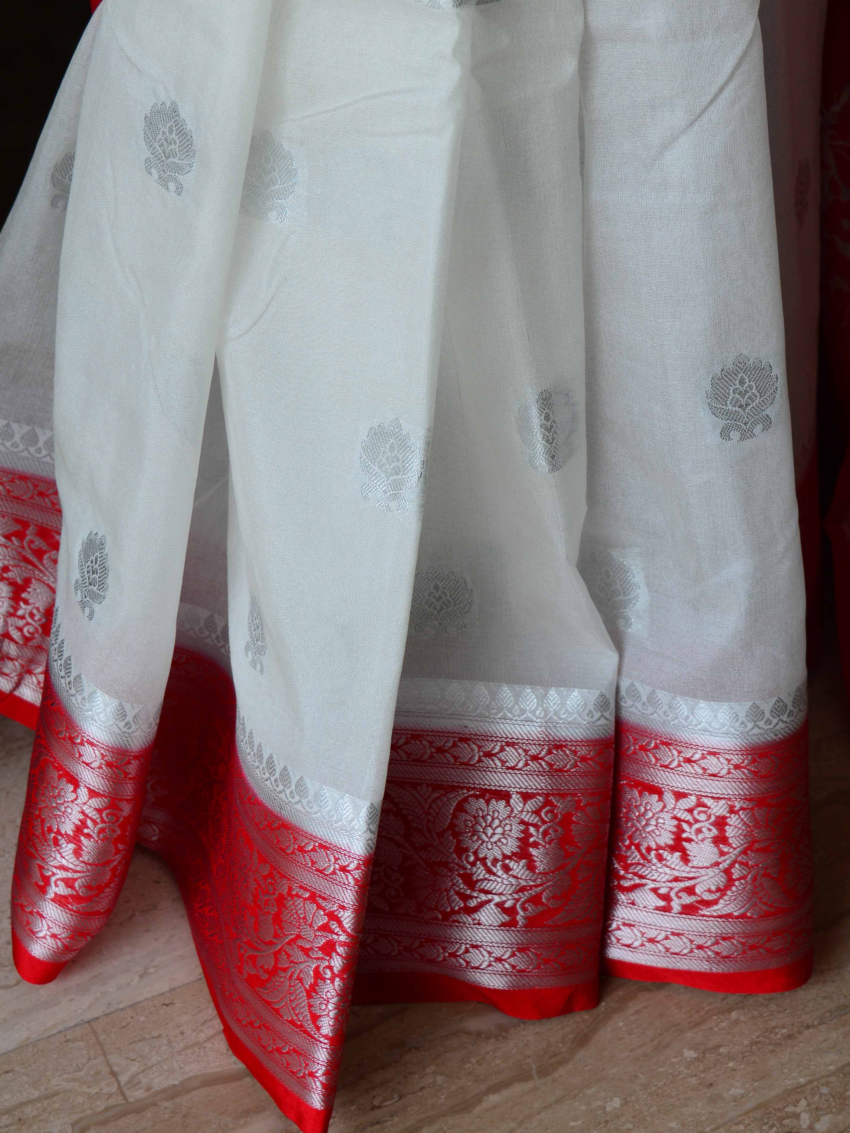 Banarasee Handwoven Semi-Chiffon Saree With Floral Zari Design-White & Red