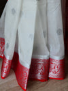 Banarasee Handwoven Semi-Chiffon Saree With Floral Zari Design-White & Red