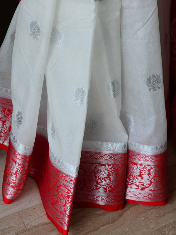 Banarasee Handwoven Semi-Chiffon Saree With Floral Zari Design-White & Red