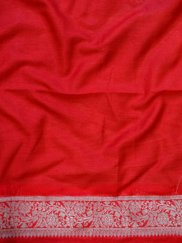 Banarasee Handwoven Semi-Chiffon Saree With Floral Zari Design-White & Red