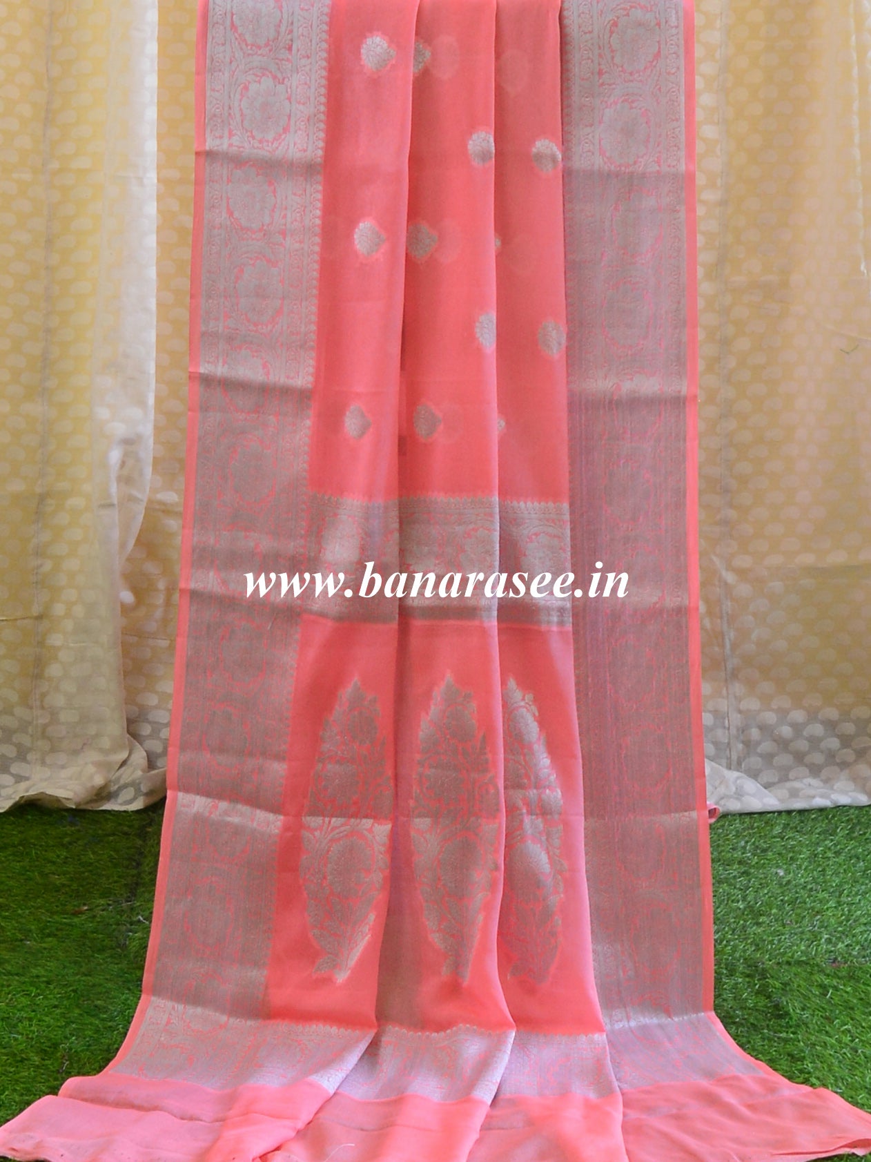 Banarasee Pure Chiffon Saree With Silver Zari Buti-Coral