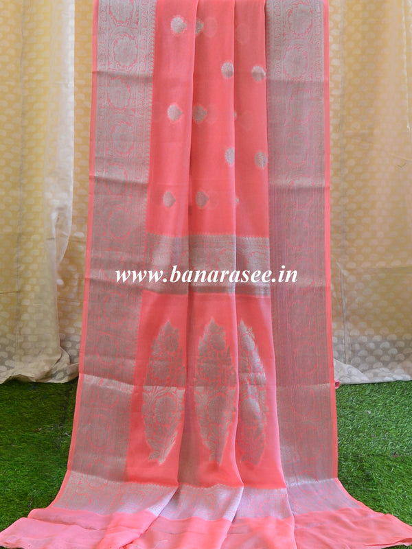 Banarasee Pure Chiffon Saree With Silver Zari Buti-Coral