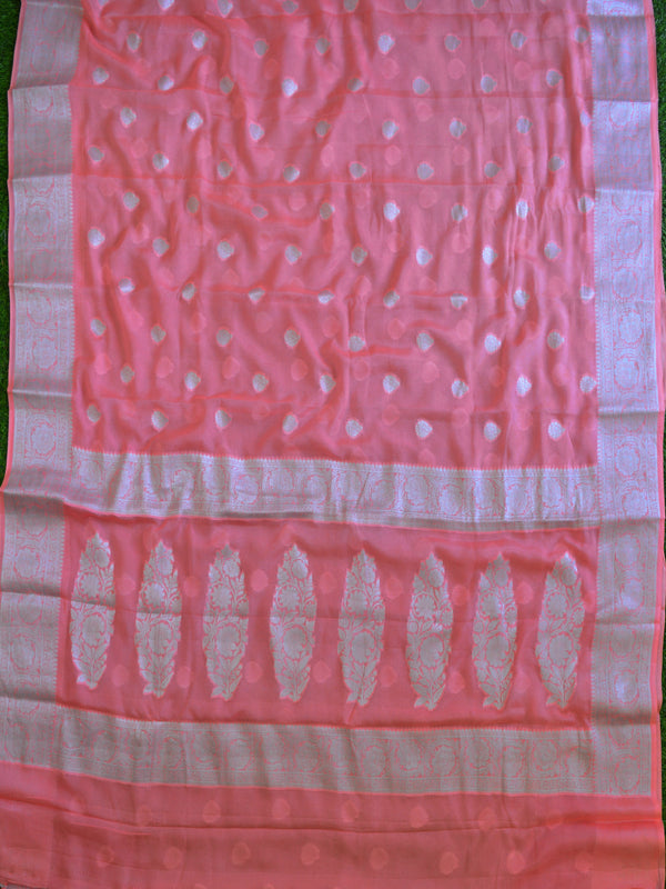 Banarasee Pure Chiffon Saree With Silver Zari Buti-Coral