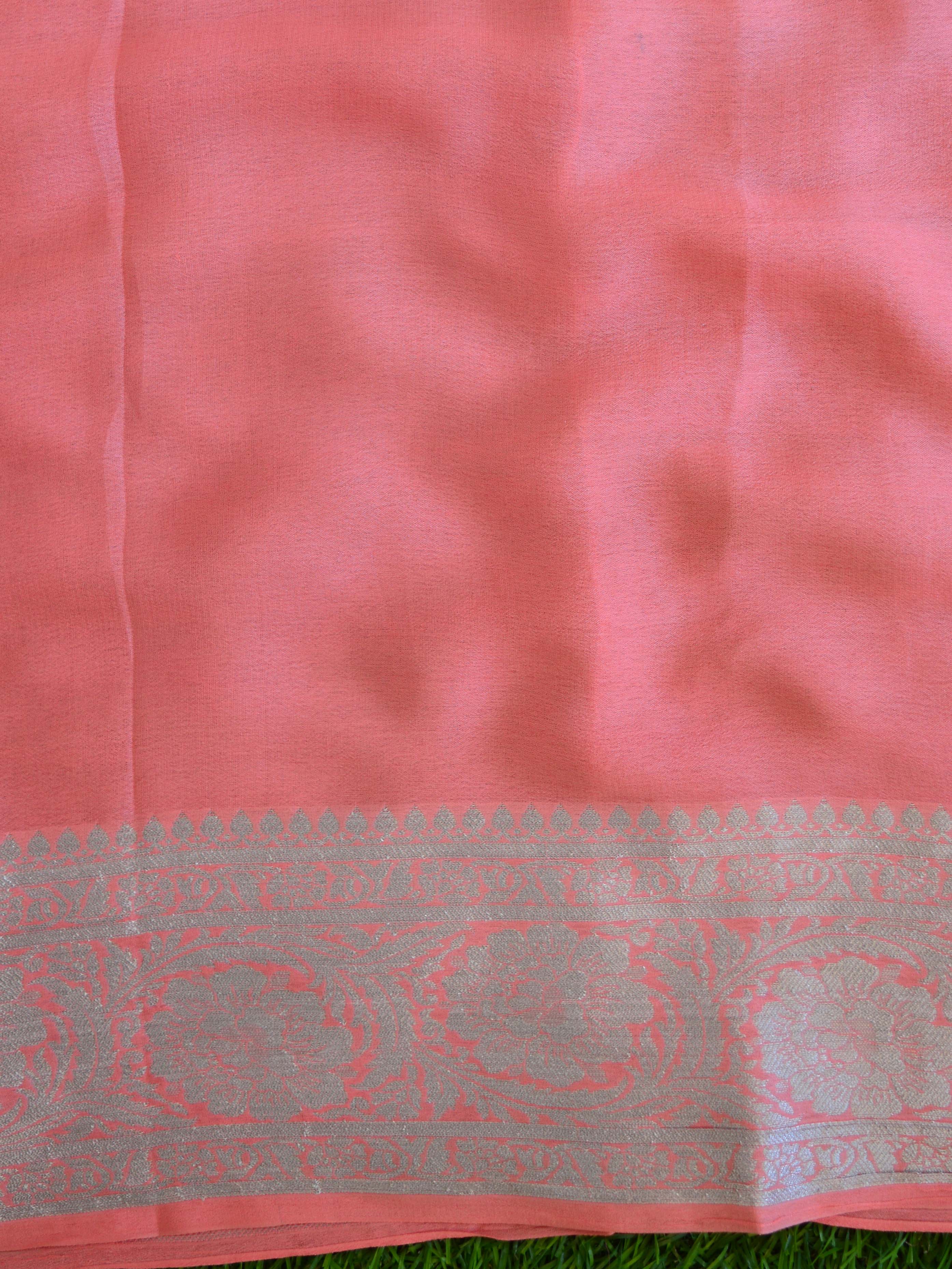 Banarasee Pure Chiffon Saree With Silver Zari Buti-Coral