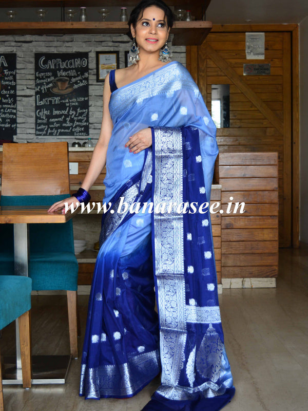Banarasee Handwoven Semi-Chiffon Saree With Silver Zari & Dual Color-Blue
