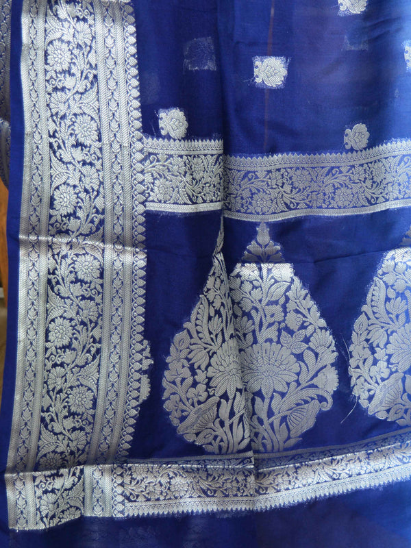 Banarasee Handwoven Semi-Chiffon Saree With Silver Zari & Dual Color-Blue