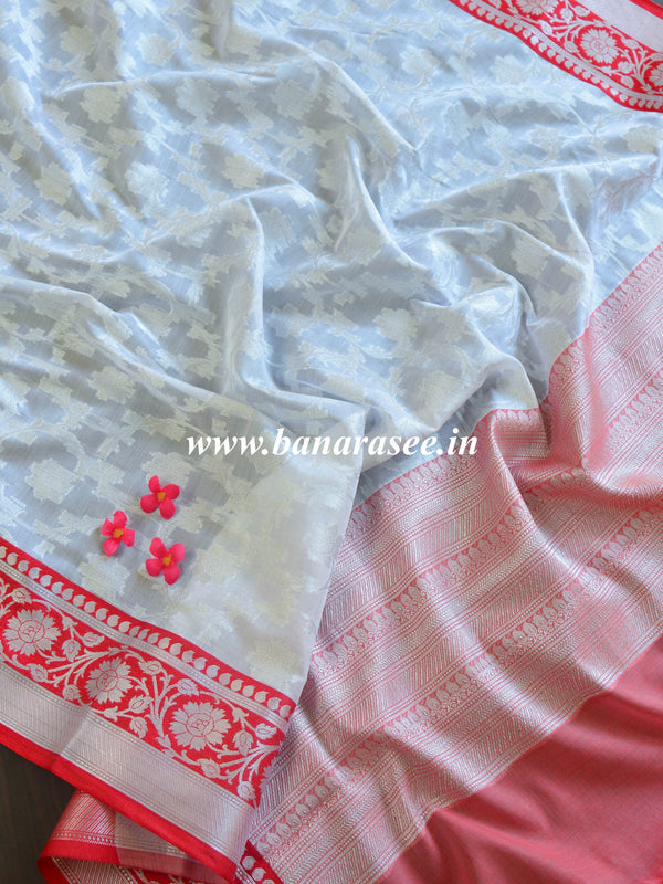 Banarasee Handwoven Cotton Silk Saree With Silver Zari Border-White