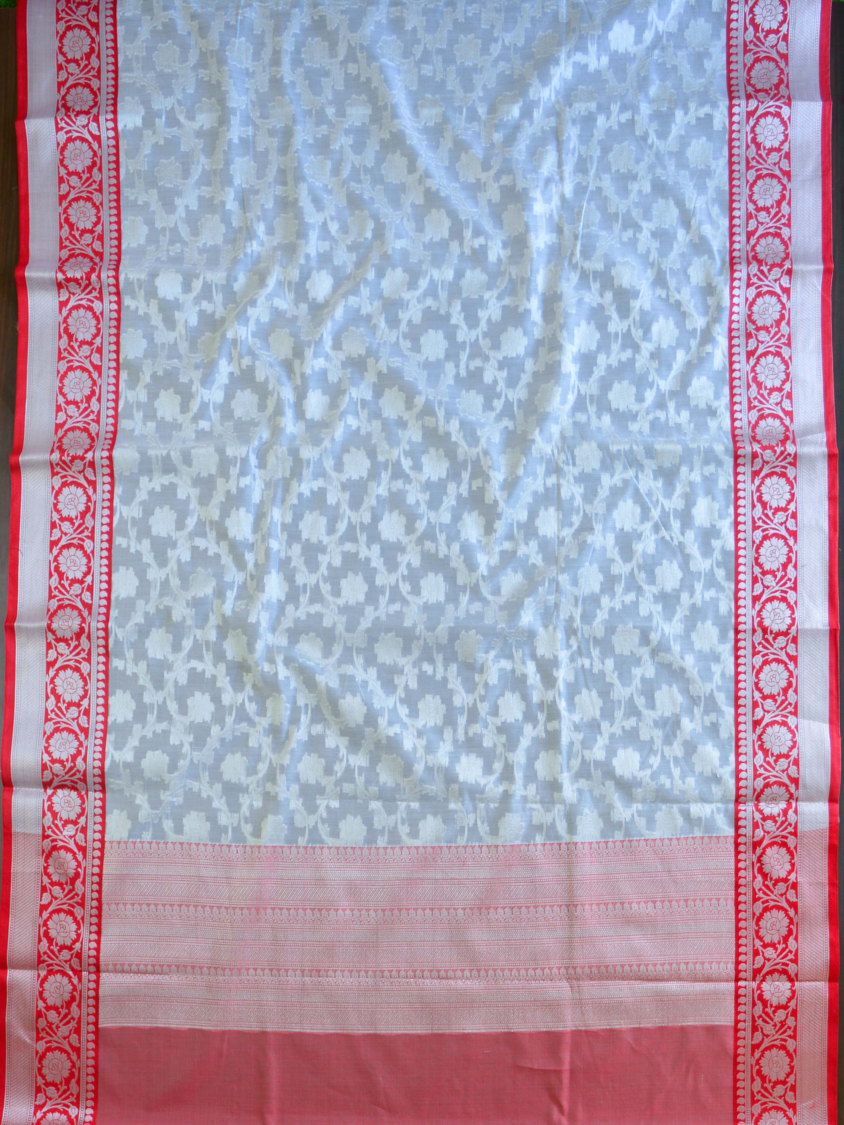 Banarasee Handwoven Cotton Silk Saree With Silver Zari Border-White