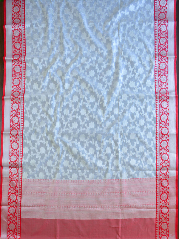 Banarasee Handwoven Cotton Silk Saree With Silver Zari Border-White
