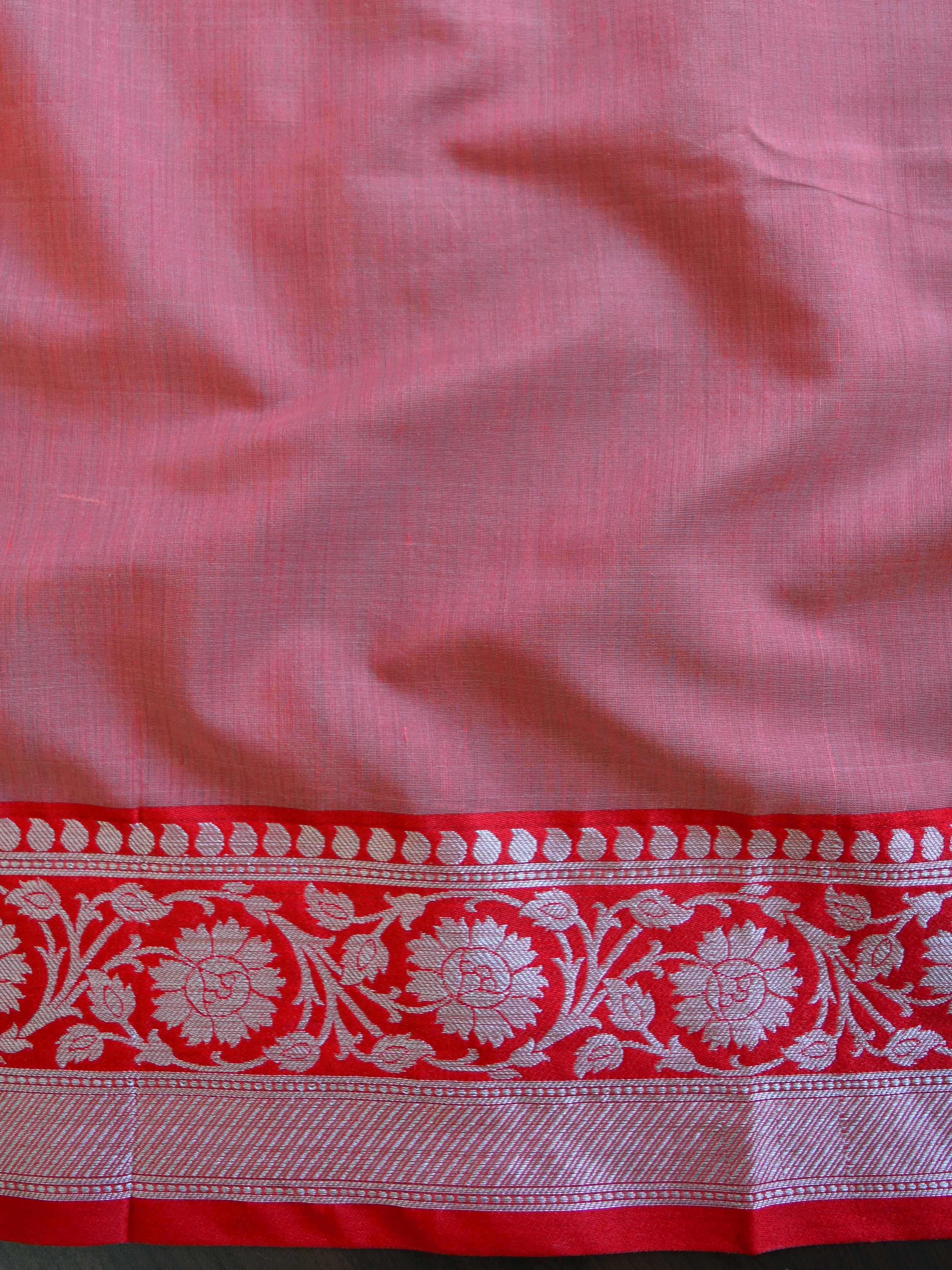 Banarasee Handwoven Cotton Silk Saree With Silver Zari Border-White