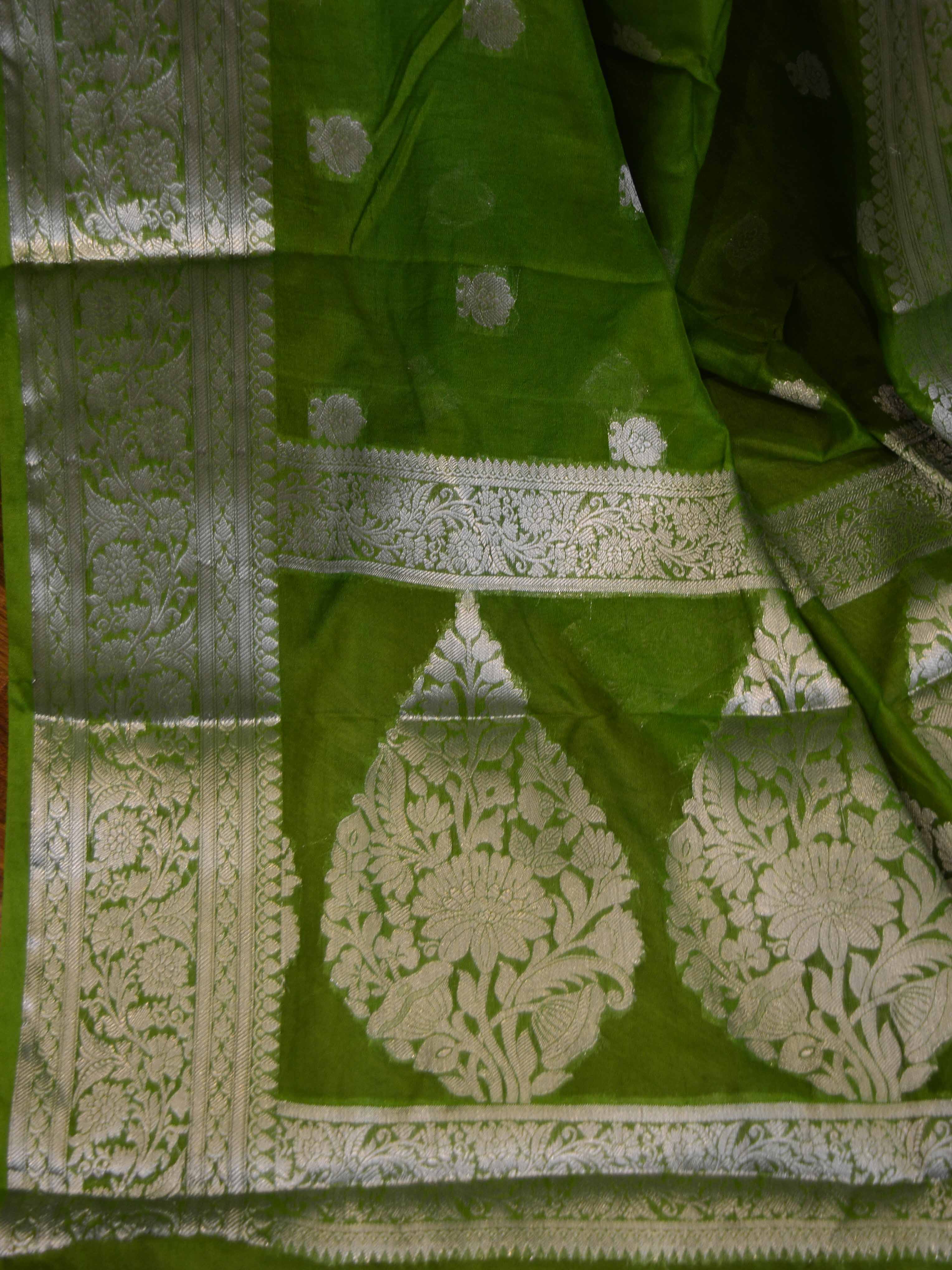 Banarasee Handwoven Semi-Chiffon Saree With Silver Zari-Olive Green