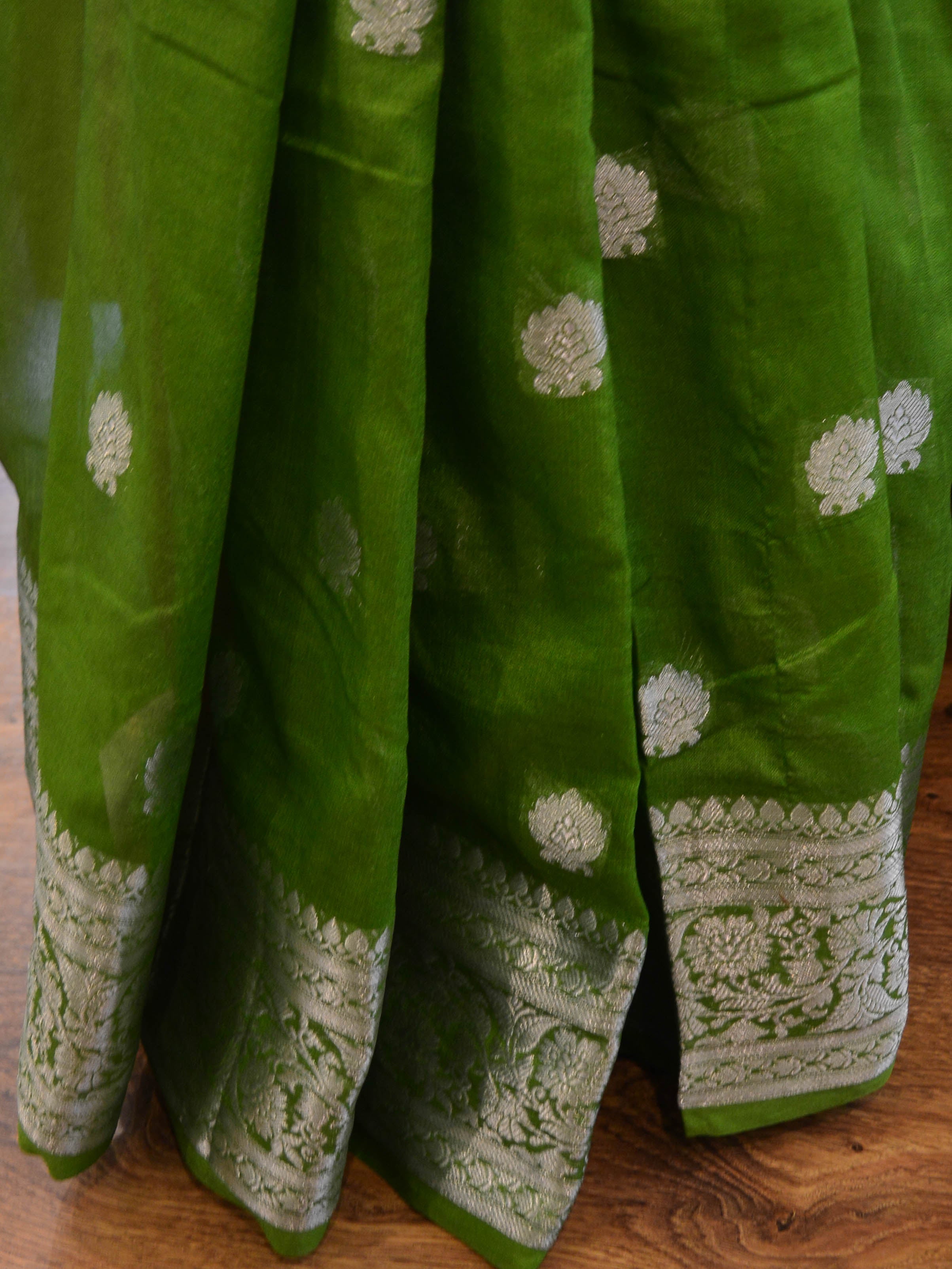 Banarasee Handwoven Semi-Chiffon Saree With Silver Zari-Olive Green