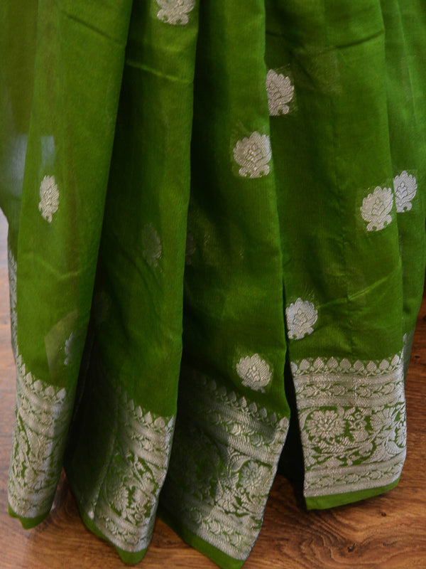 Banarasee Handwoven Semi-Chiffon Saree With Silver Zari-Olive Green