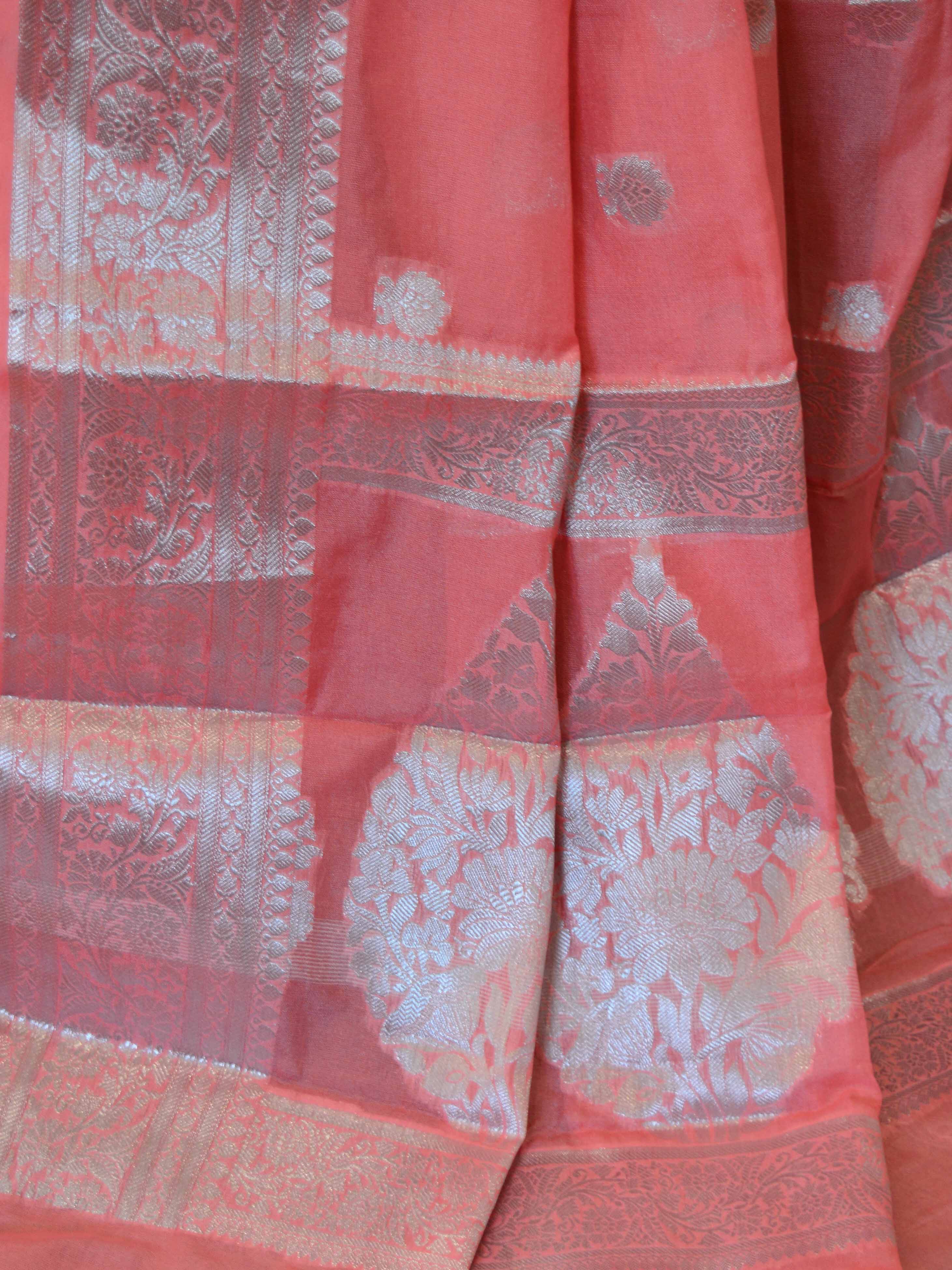 Banarasee Handwoven Semi-Chiffon Saree With Silver Zari Buta & Border-Peach