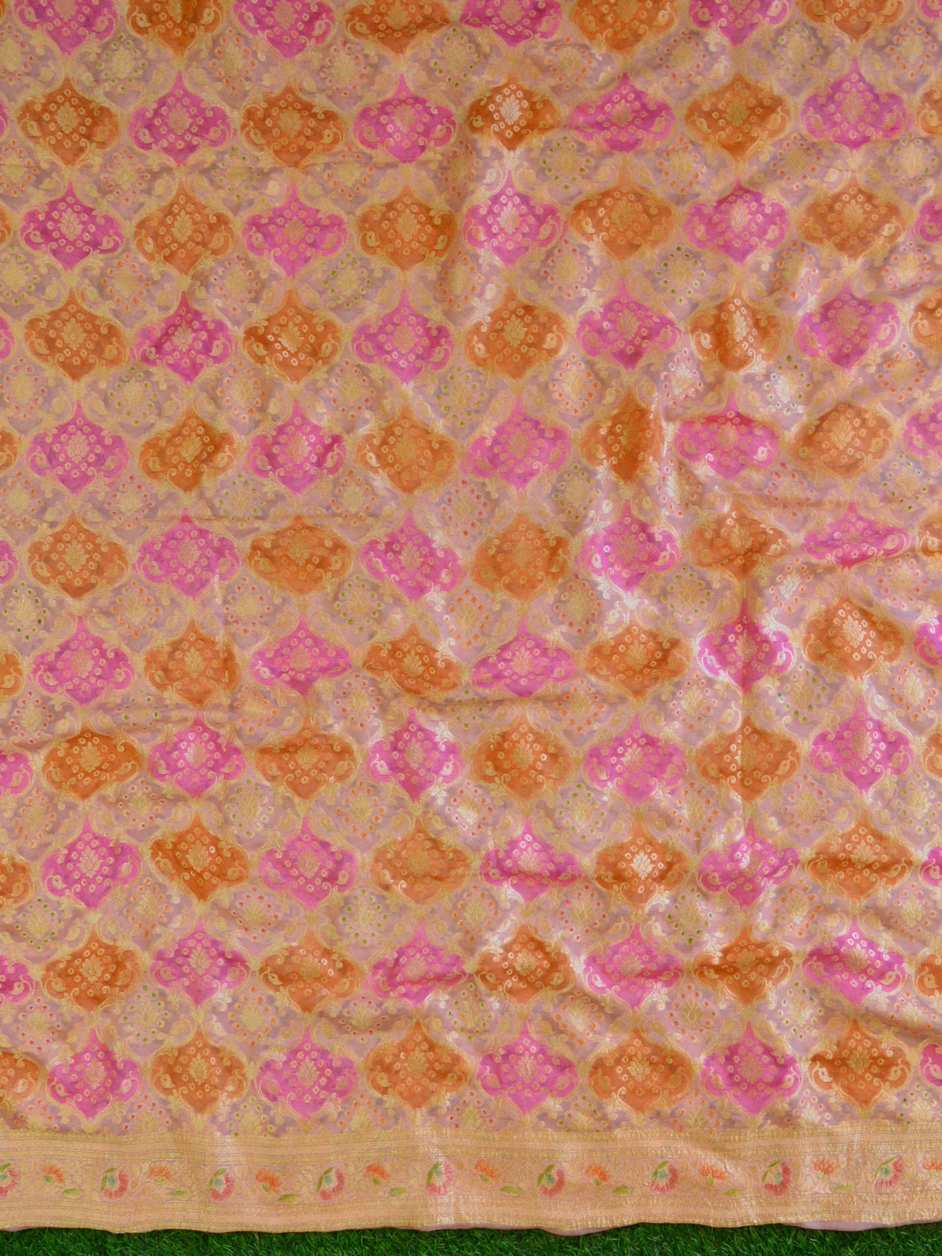 Banarasee Khaddi Chiffon Silk Kadiyal Weaving Salwar Kameez Dupatta Set-Pink & Peach
