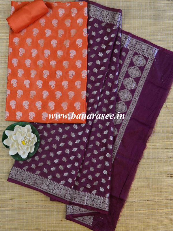 Banarasee Salwar Kameez Glossy Cotton Silk Silver Woven Buti Fabric-Orange & Wine