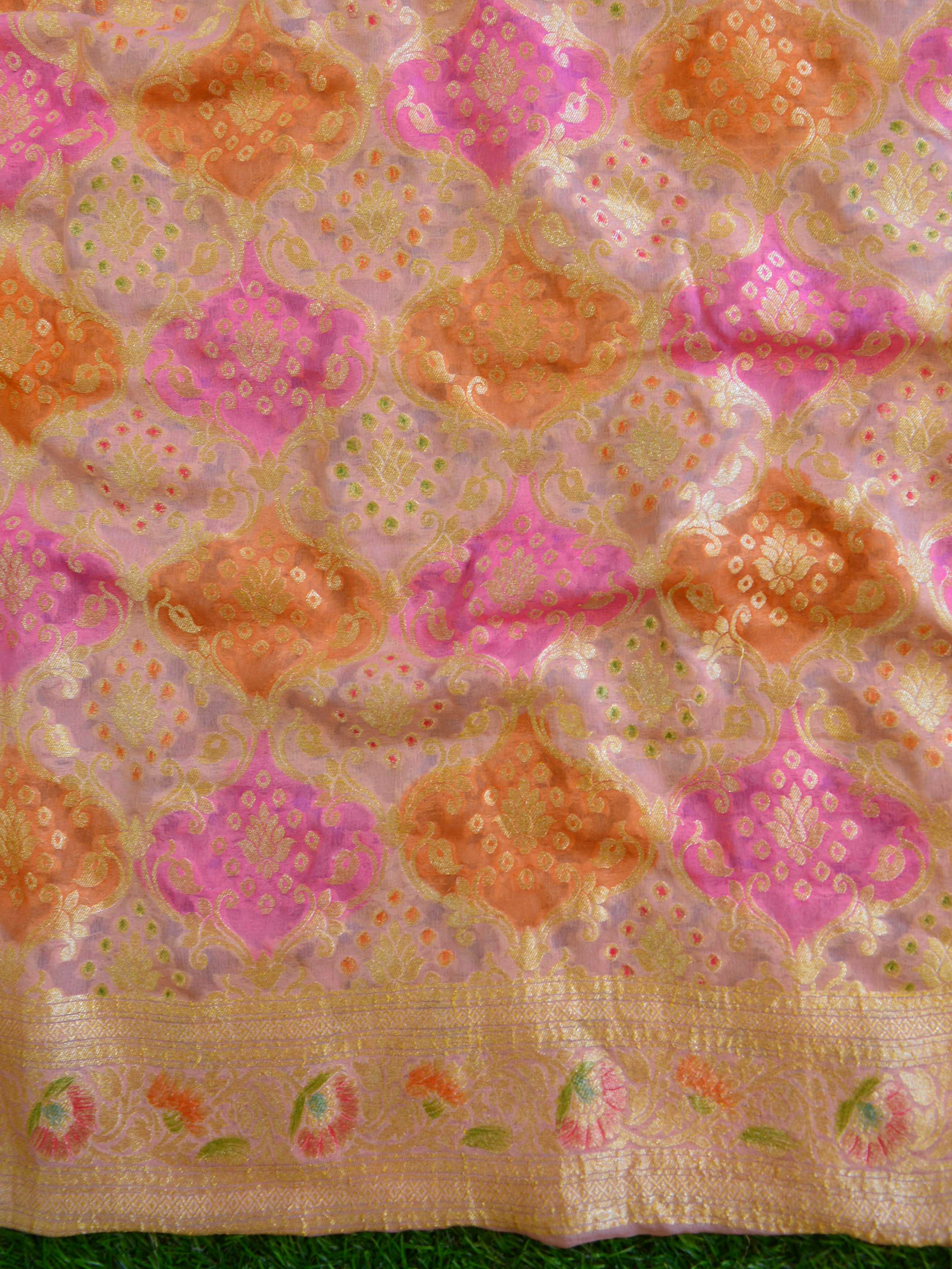 Banarasee Khaddi Chiffon Silk Kadiyal Weaving Salwar Kameez Dupatta Set-Pink & Peach