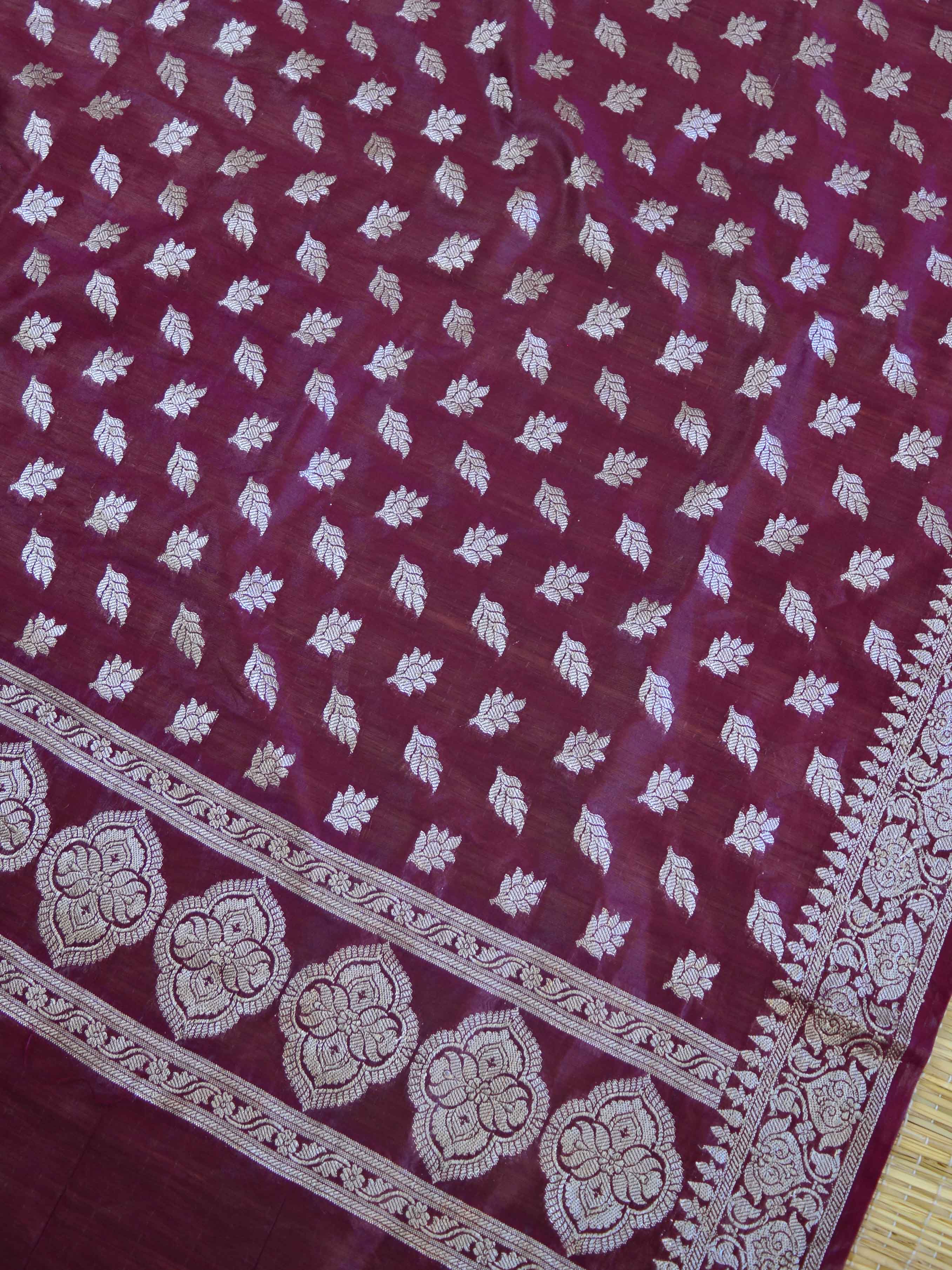 Banarasee Salwar Kameez Glossy Cotton Silk Silver Woven Buti Fabric-Orange & Wine