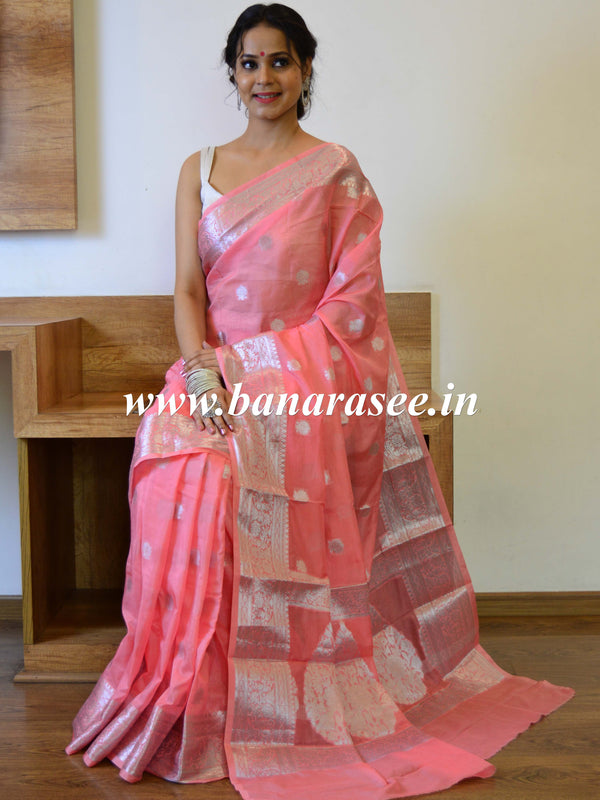 Banarasee Handwoven Semi-Chiffon Saree With Silver Zari Buta & Border-Peach