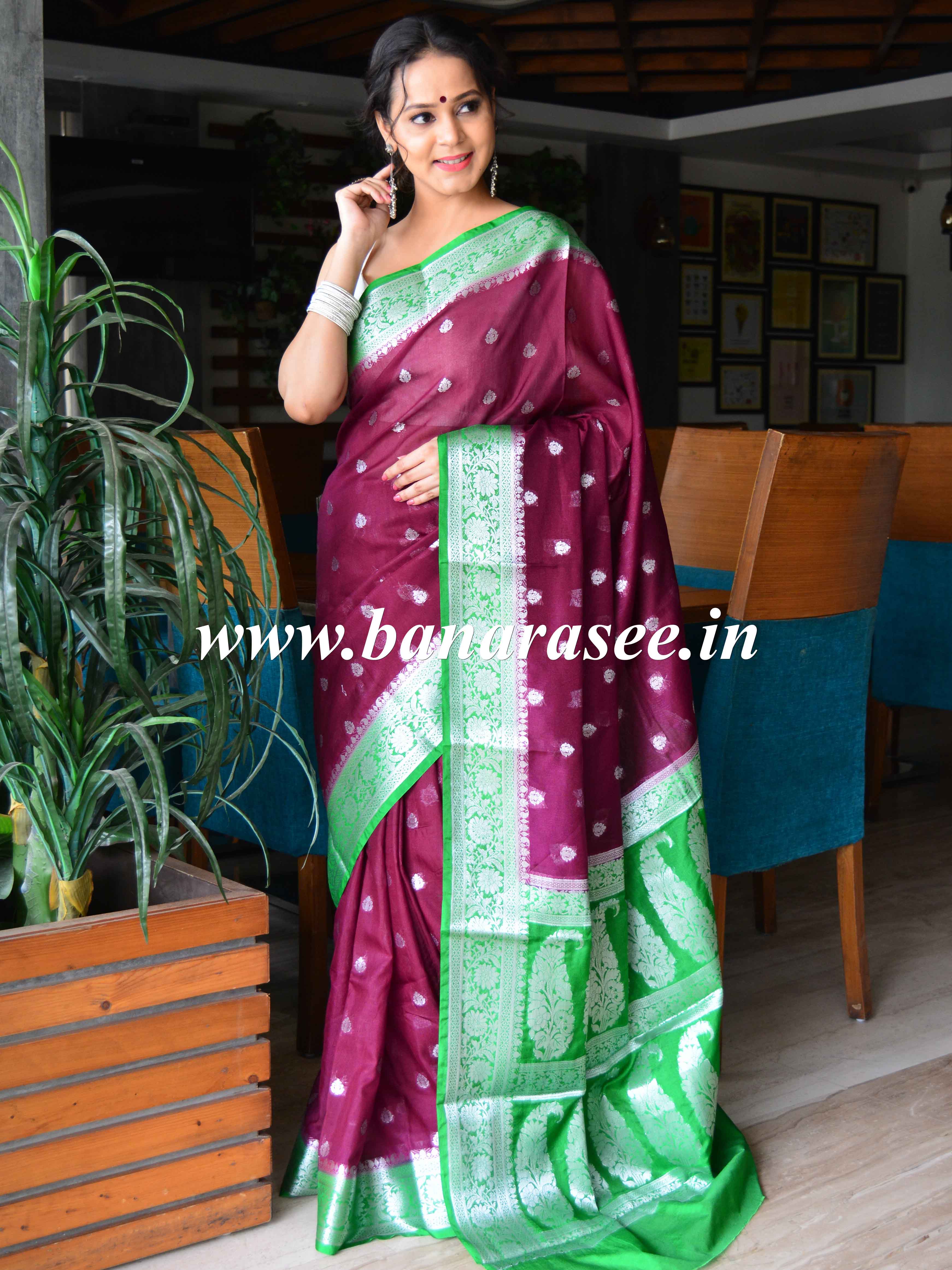 Banarasee Handwoven Semi-Chiffon Saree With Floral Zari Design-Wine & Green