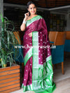 Banarasee Handwoven Semi-Chiffon Saree With Floral Zari Design-Wine & Green