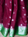 Banarasee Handwoven Semi-Chiffon Saree With Floral Zari Design-Wine & Green