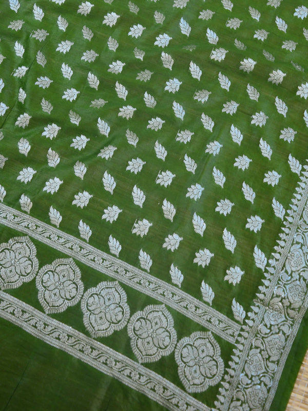 Banarasee Salwar Kameez Glossy Cotton Silk Silver Woven Buti Fabric-Yellow & Green