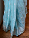 Banarasee Handwoven Semi-Chiffon Saree With Silver Zari Buta & Border-Sea Green