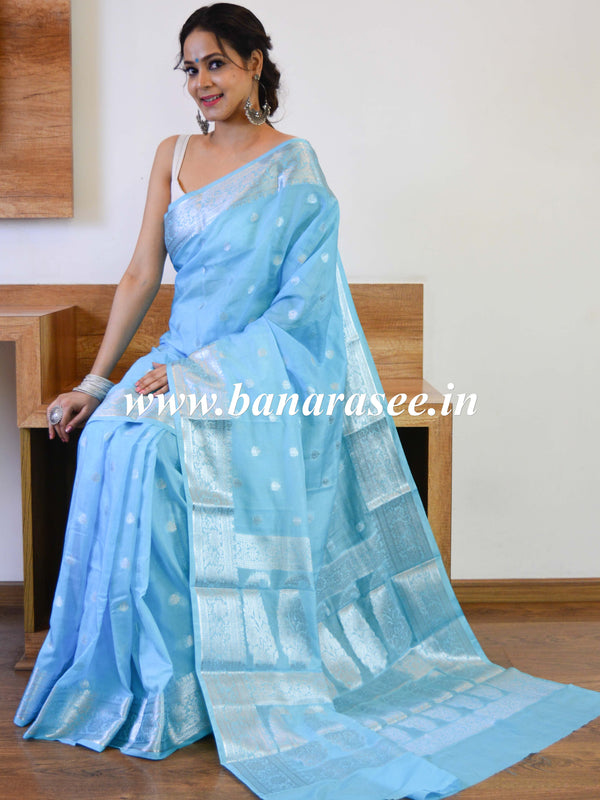 Banarasee Handwoven Semi-Chiffon Saree With Silver Zari Buta & Border-Sky Blue