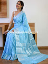 Banarasee Handwoven Semi-Chiffon Saree With Silver Zari Buta & Border-Sky Blue