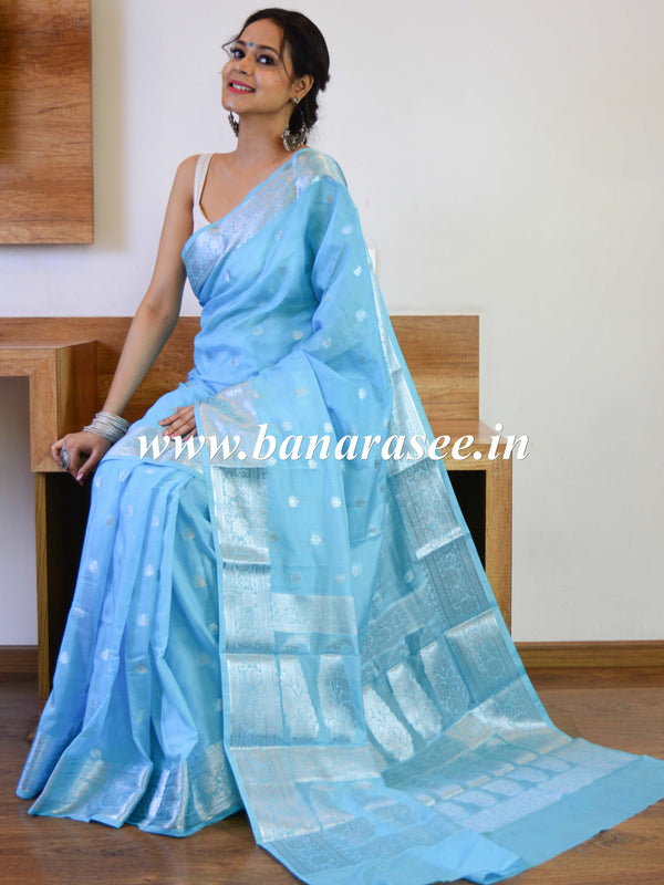 Banarasee Handwoven Semi-Chiffon Saree With Silver Zari Buta & Border-Sky Blue