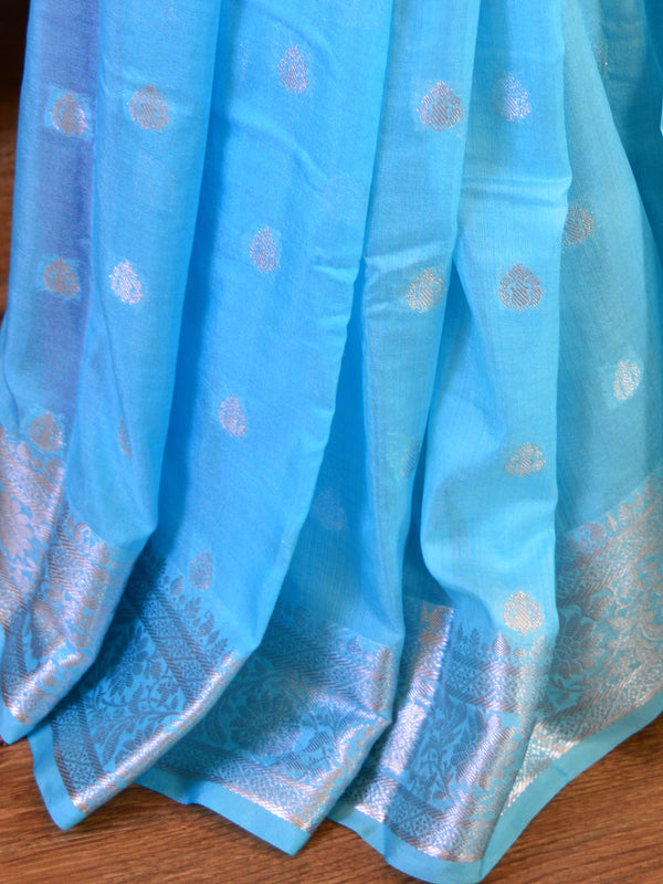 Banarasee Handwoven Semi-Chiffon Saree With Silver Zari Buta & Border-Sky Blue