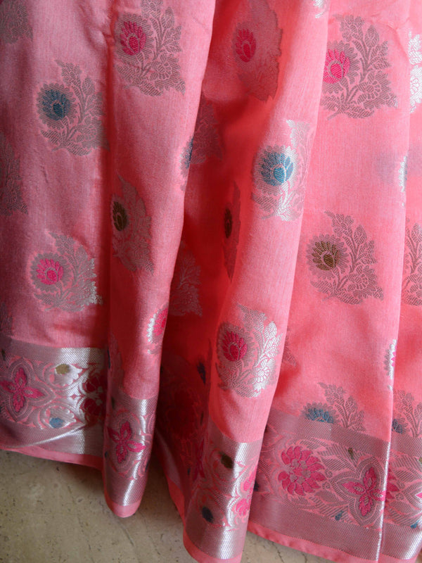 Banarasee Handwoven Semi-Chiffon Saree With Silver Zari & Meena Jaal-Peach