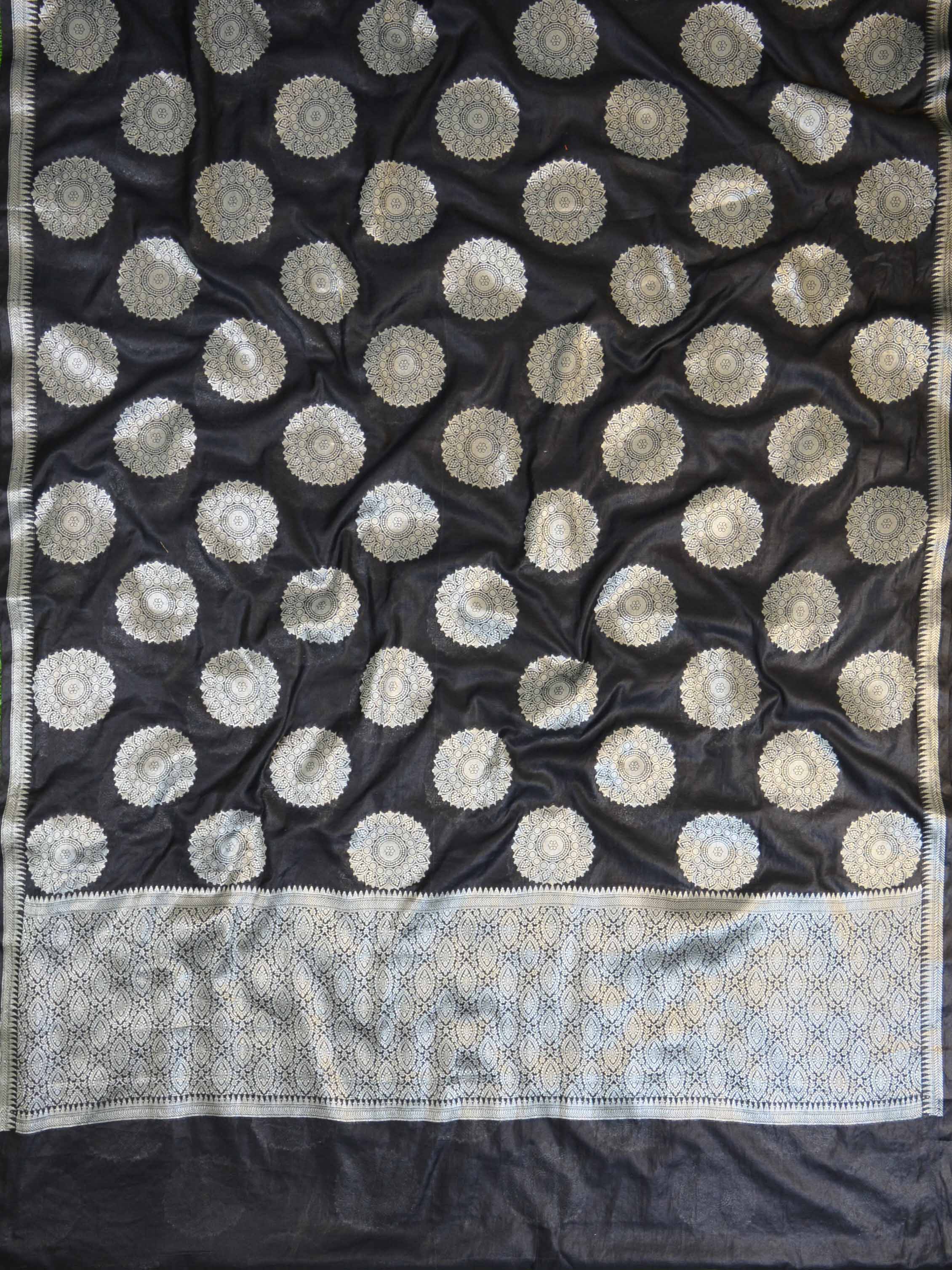 Banarasee Cotton Silk Saree With  Silver Zari Buta & Border-Black