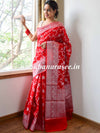 Banarasee Handwoven Semi-Chiffon Saree With Silver Zari Jaal-Red