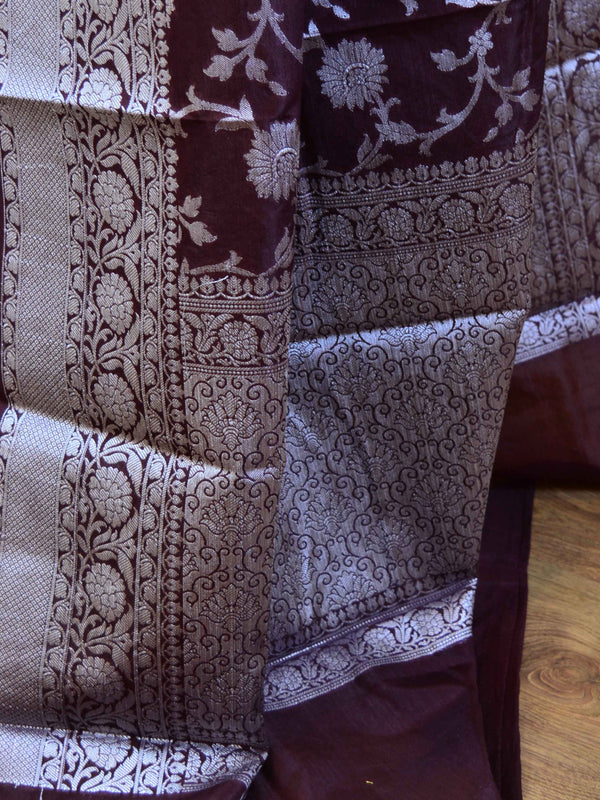 Banarasee Handwoven Semi-Chiffon Saree With Silver Zari Jaal-Brown