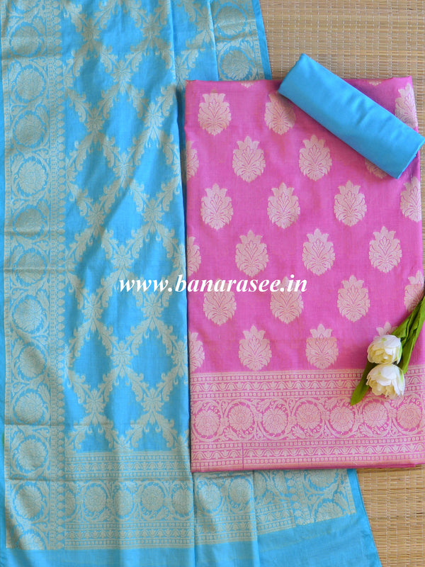 Banarasee Salwar Kameez Glossy Cotton Silk Zari Woven Fabric-Pink & Blue