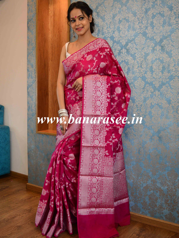 Banarasee Handwoven Semi-Chiffon Saree With Silver Zari Jaal-Pink