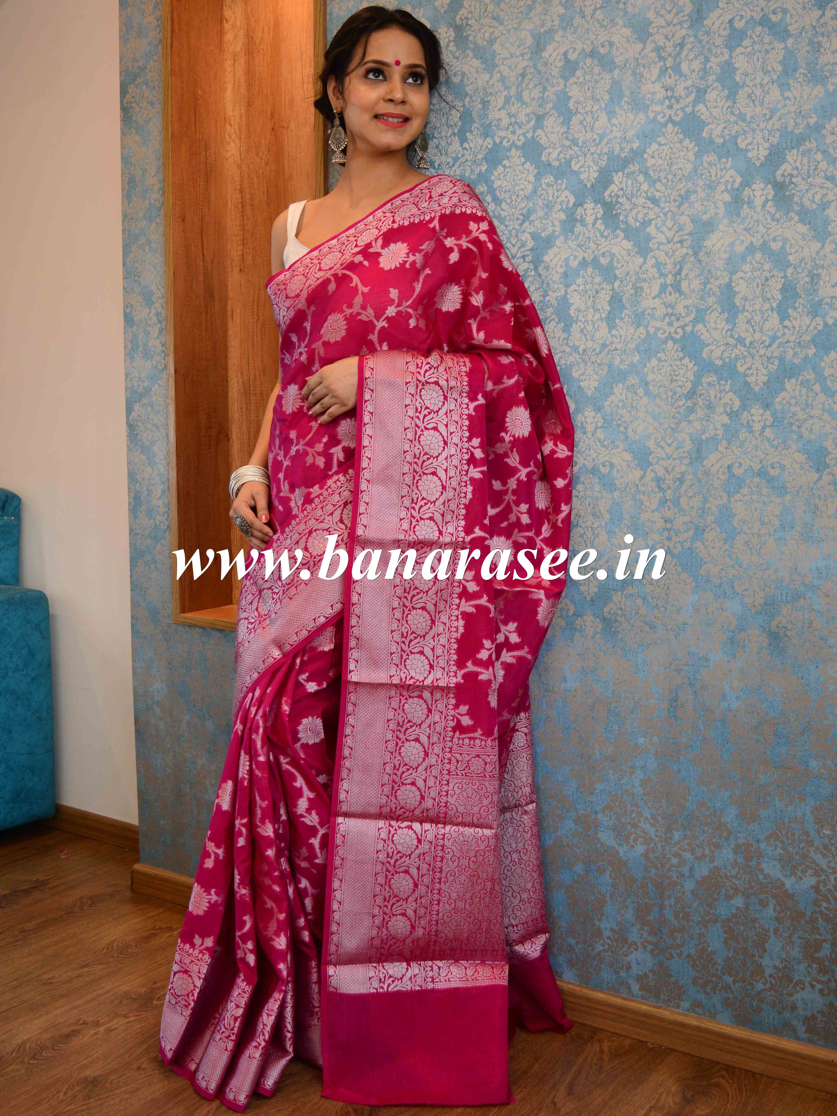 Banarasee Handwoven Semi-Chiffon Saree With Silver Zari Jaal-Pink