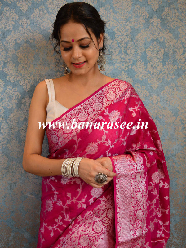 Banarasee Handwoven Semi-Chiffon Saree With Silver Zari Jaal-Pink