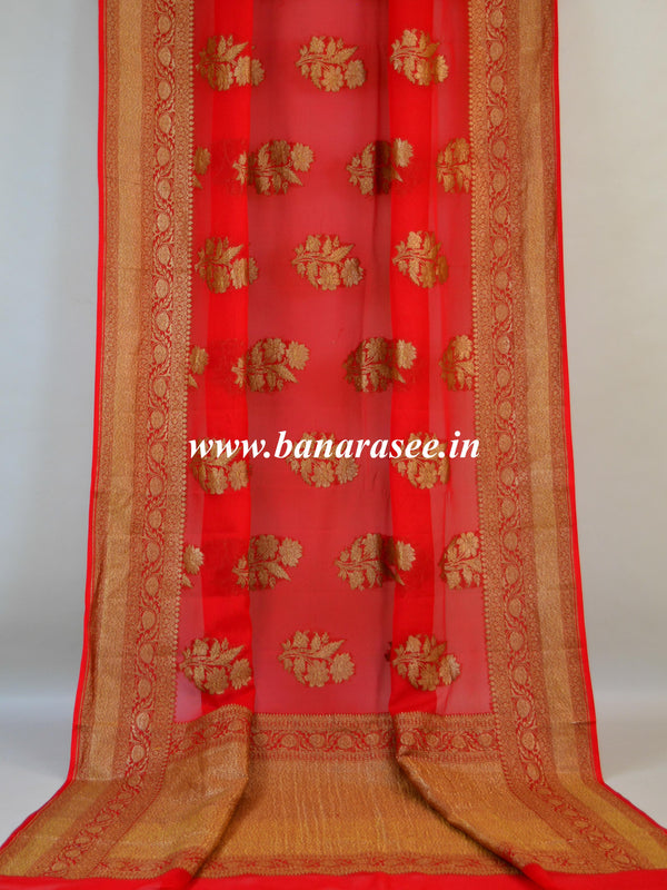 Banarasee Khaddi Chiffon Silk Sari With Antique Zari Design-Crimson Red