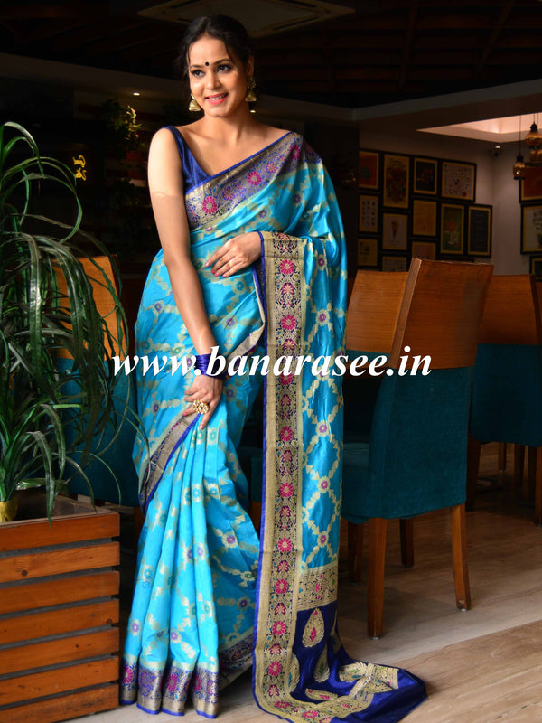 Banarasee Handwoven Semi-Chiffon Saree With Silver Zari & Meena Jaal-Blue